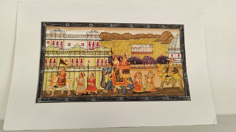Handmade Matte Synthetic Palace View Silk Fabric Painting for Home Decor