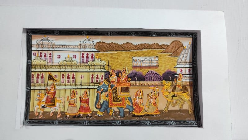 Handmade Matte Synthetic Palace View Silk Fabric Painting for Home Decor