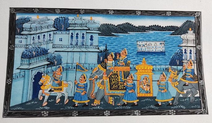Handmade Matte Synthetic Palace View Silk Fabric Painting for Home Decor