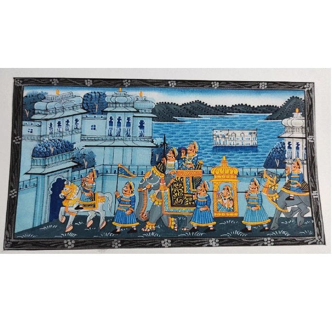Handmade Matte Synthetic Palace View Silk Fabric Painting for Home Decor