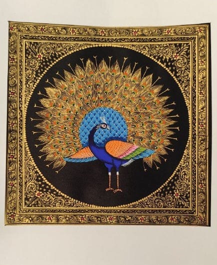 Handmade Peacock Painting on Silk Fabric for Home and Office Decor