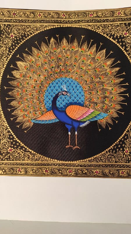 Handmade Peacock Painting on Silk Fabric for Home and Office Decor