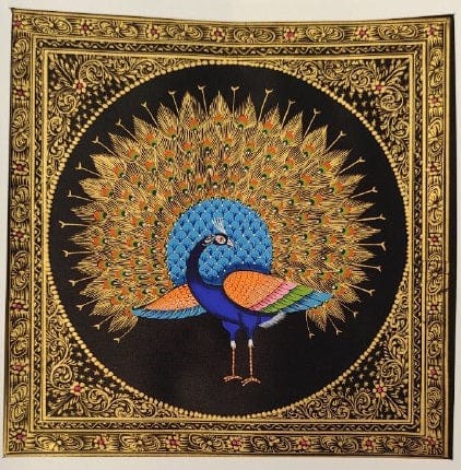 Handmade Peacock Painting on Silk Fabric for Home and Office Decor