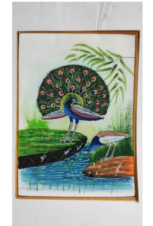 Handmade Peacock Painting on Silk Fabric for Home and Office Decor