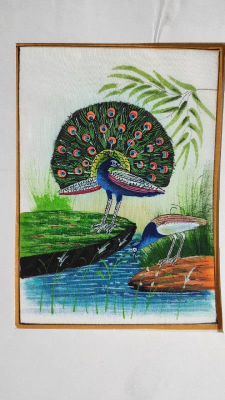 Handmade Peacock Painting on Silk Fabric for Home and Office Decor