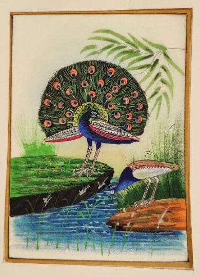 Handmade Peacock Painting on Silk Fabric for Home and Office Decor