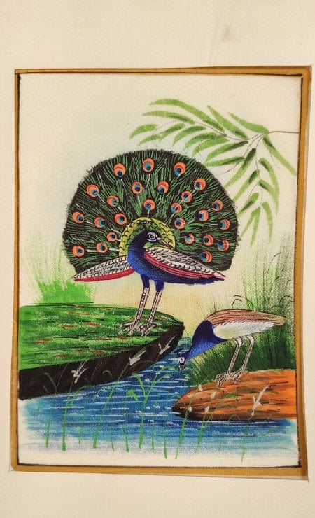 Handmade Peacock Painting on Silk Fabric for Home and Office Decor