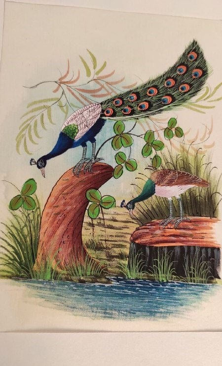 Handmade Peacock Painting on Silk Fabric for Home and Office Decor