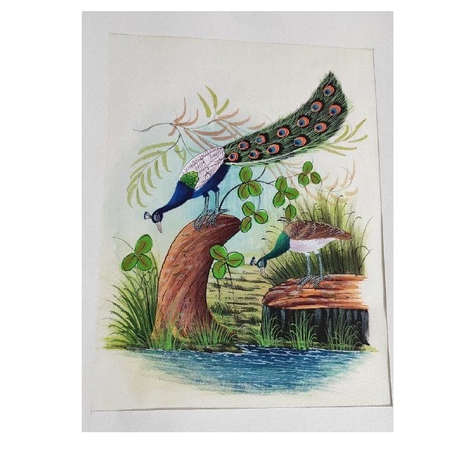 Handmade Peacock Painting on Silk Fabric for Home and Office Decor