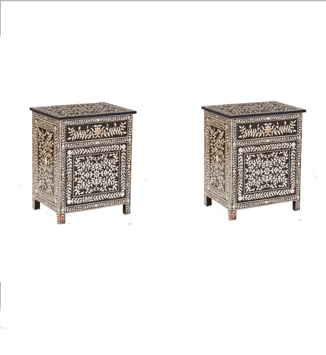 Personalized Handmade Bone Inlay Set Of 2 Bedside Tables Home Decor Furniture Attractive Floral Design Entrance Tables