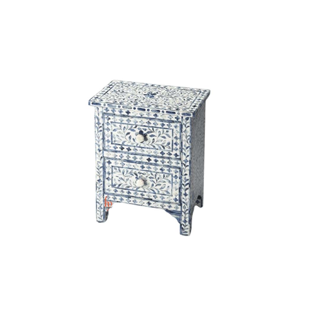 Personalized Bone Inlay Beautiful Bedside Table with 2-Drawers Beautifully Crafted Indian Art Gorgeous Looking Floral Design