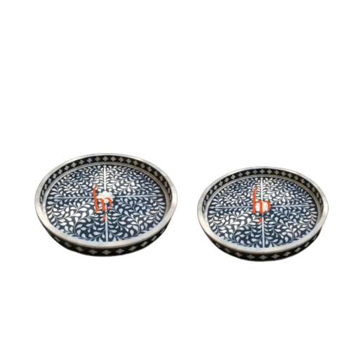 Handmade Bone Black Inlay Floral Tray Set of 2 Pieces Round Floral Tray Best Gift For Your Loved Once