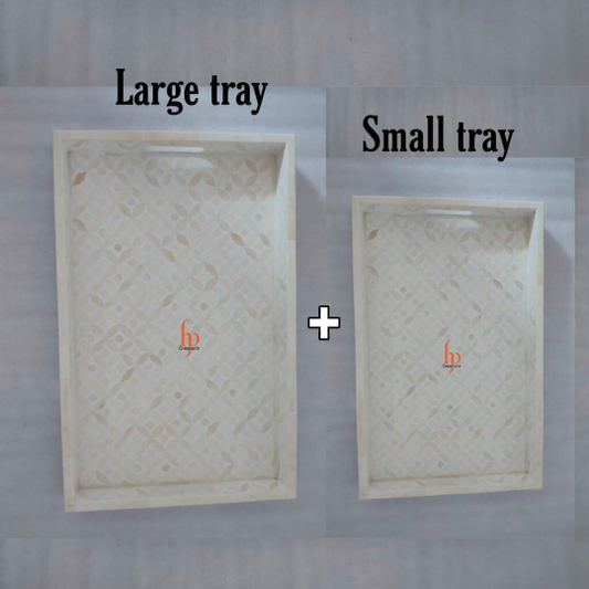 Handmade Bone Inlay White Tray Set of 2 Pieces Bone Inlay Rectangular Floral Tray Best Gift For Any Occasion