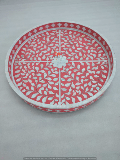 Handmade Mother Of Pearl Inlay Pink Tray Set of 2 Pieces Round Floral Tray Best Gift For Your Loved Once