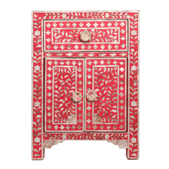 Personalized Handmade Mother Of Pearl Floral  Bedside Table with One Drawer