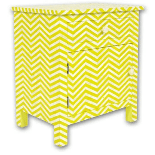 Personalized Handmade Bone Inlay Zigzag Bedside Table with One Drawer and One Door