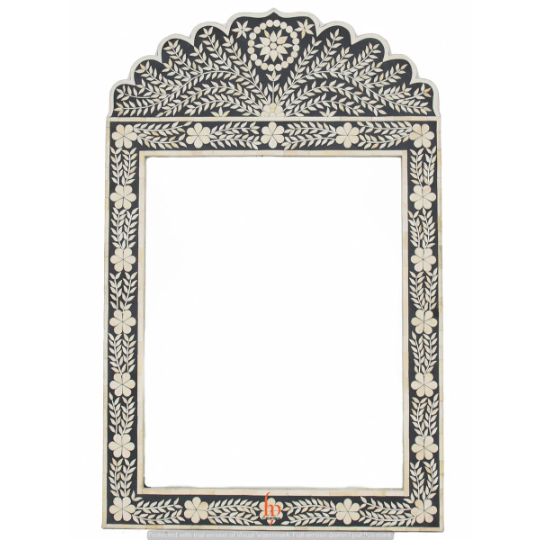 Antique Mother of pearl Mirror Frame Black Handmade Inlay Furniture Bone Inlay Mirror with Queens Crown Design