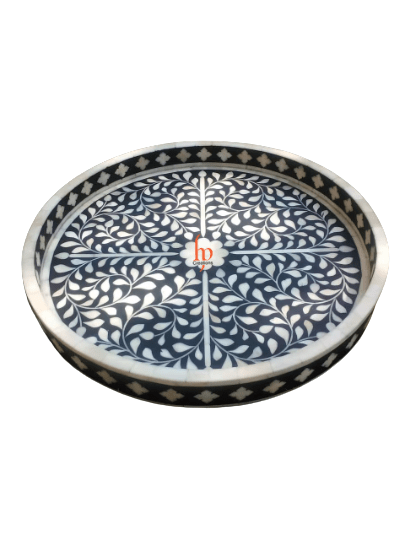 Handmade Bone Black Inlay Floral Tray Set of 2 Pieces Round Floral Tray Best Gift For Your Loved Once