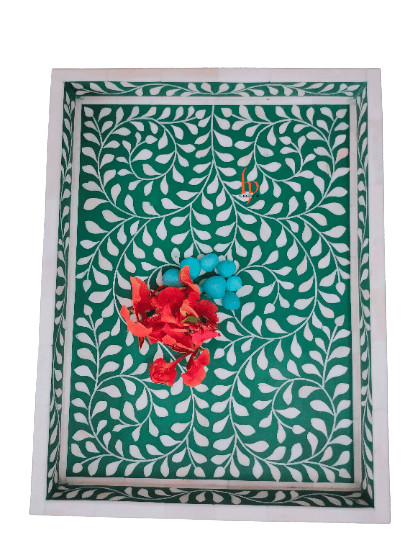 Handmade Bone Inlay Green Tray Set of 2 Pieces Bone Inlay Rectangular Floral Tray Best Gift For Any Occasion