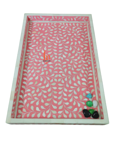 Handmade Bone Inlay PinkTray Set of 2 Pieces Bone Inlay Rectangular Floral Tray Best Gift For Any Occasion