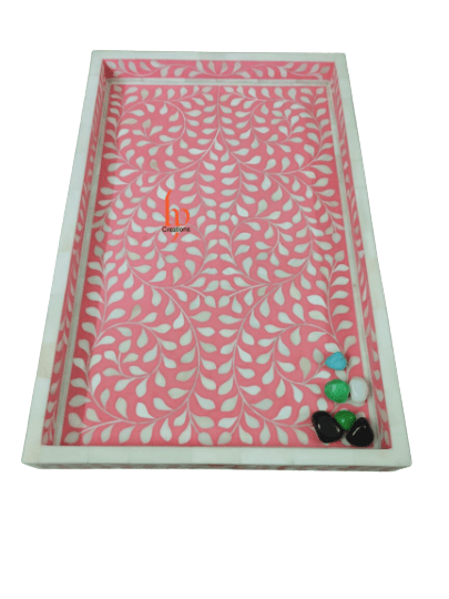 Handmade Bone Inlay PinkTray Set of 2 Pieces Bone Inlay Rectangular Floral Tray Best Gift For Any Occasion