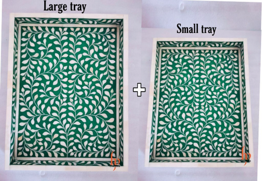 Handmade Bone Inlay Green Tray Set of 2 Pieces Bone Inlay Rectangular Floral Tray Best Gift For Any Occasion